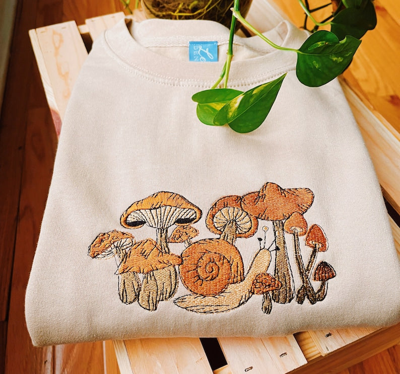 Tan Mushroom Snail Embroidered Crewneck - Unisex Embroidered Fleece Pullover - Custom Crewneck - Embroidered Sweatshirt - Mushroom Apparel
