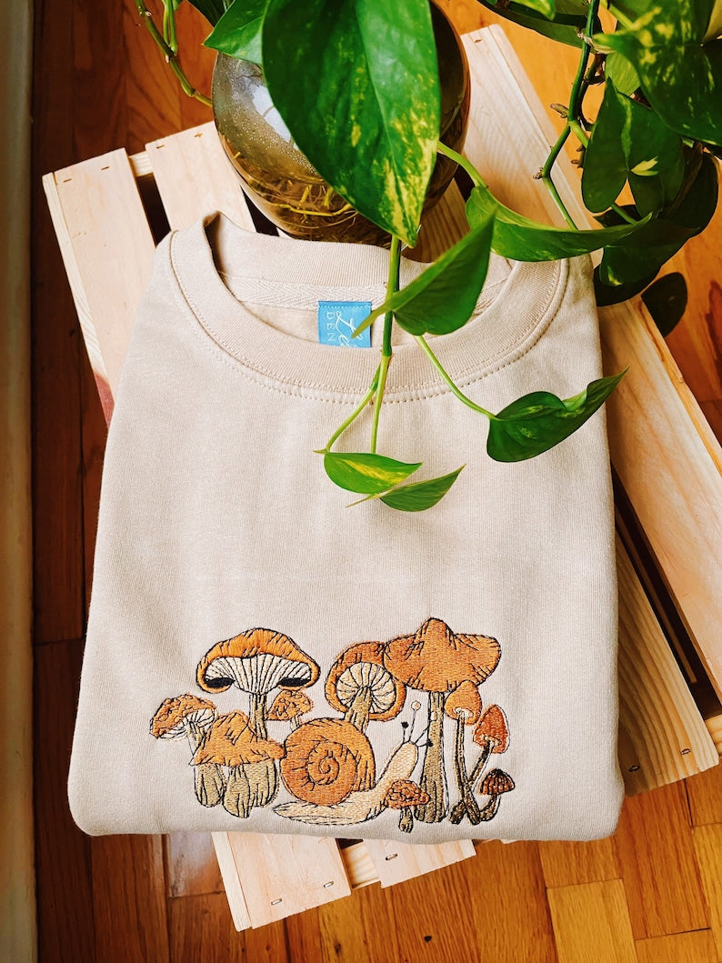 Tan Mushroom Snail Embroidered Crewneck - Unisex Embroidered Fleece Pullover - Custom Crewneck - Embroidered Sweatshirt - Mushroom Apparel