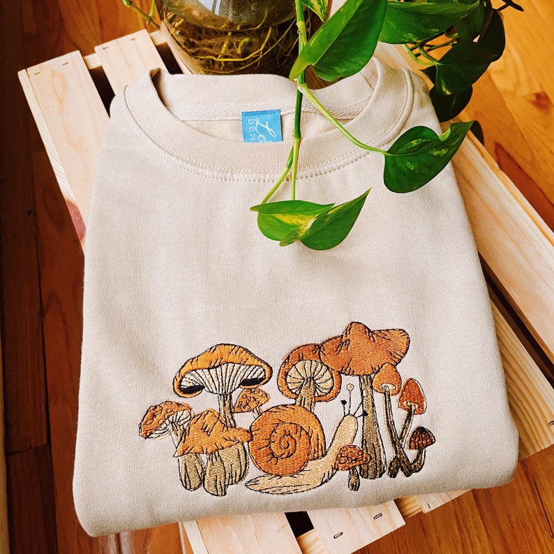Tan Mushroom Snail Embroidered Crewneck - Unisex Embroidered Fleece Pullover - Custom Crewneck - Embroidered Sweatshirt - Mushroom Apparel