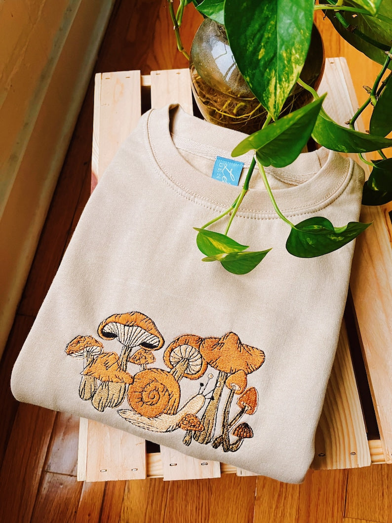 Tan Mushroom Snail Embroidered Crewneck - Unisex Embroidered Fleece Pullover - Custom Crewneck - Embroidered Sweatshirt - Mushroom Apparel